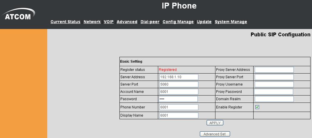 3 Register SIP user 6001 in AT610 After logging into the web page of IP Phone