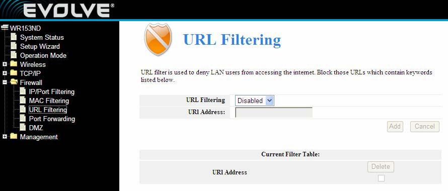 4.4.4 URL Filtering URL filter is used to deny LAN users from accessing the internet. Block those URLs which contain keywords listed below.