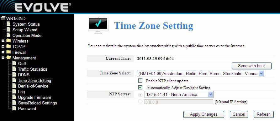 4.5.3 Time Zone Setting You can maintain the system time by synchronizing with a public time server over the