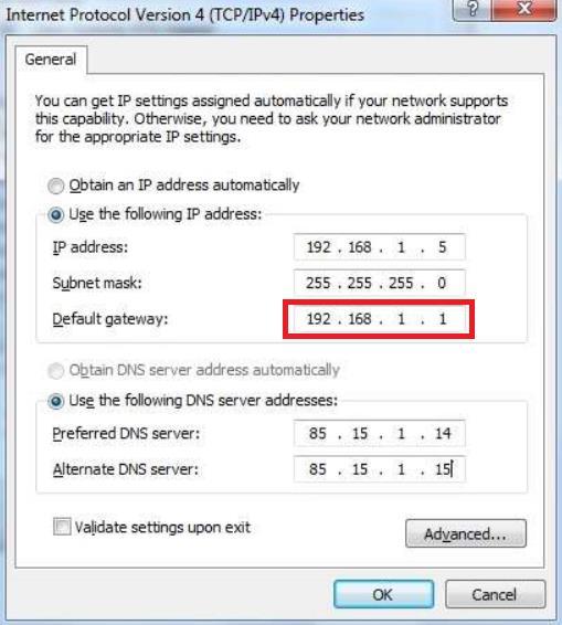 o Default gateway should be identical to your modem IP address.
