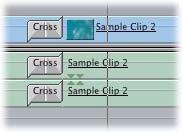 Final Cut Pro adds the clip to the sequence, placing a default cross dissolve transition at the edit point.