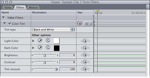 1 Apply a Color Tint filter to a clip: Choose Effects > Video Filters > QuickTime > Color Tint.