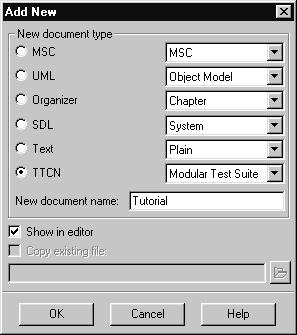 4 Tutorial: TTCN Suite Basics (in Windows) Creating a New Test Suite When you have set the source and target directories, you should create a new TTCN document. 1.