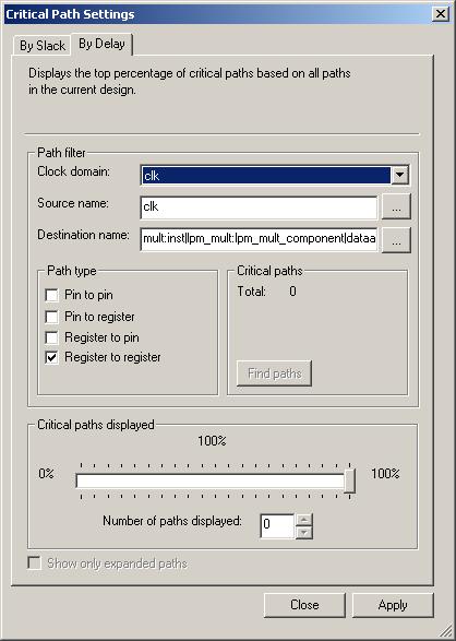 When viewing critical paths by delay, the settings are specified using the By Delay tab of the Critical Path Settings window shown in Figure 17.