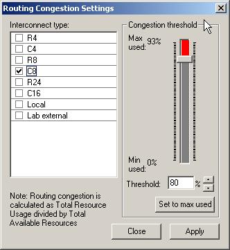 Figure 25. Routing Congestion Settings Window You can choose the routing resource you wish to examine and set the congestion threshold for viewing.