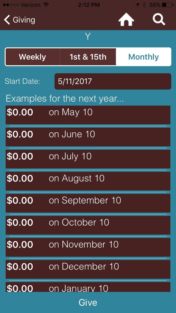 NOTE: if you select 1st and 15th, this will actually set up two separate monthly gifts for the same fund.