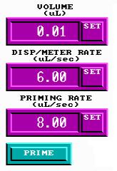 Displays the current Dispense and Meter Rate setting in microliters per second. Pressing enables the entry keypad for changing the setting.