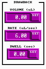 Displays the current Drawback Rate setting in microliters per second. Pressing enables the entry keypad for changing the setting.