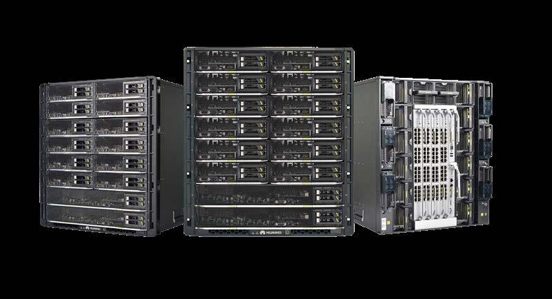 (Right) FusionServer E9000 with sixteen CH121 V5 half-width blade compute nodes, and integrated InfiniBand switch module.