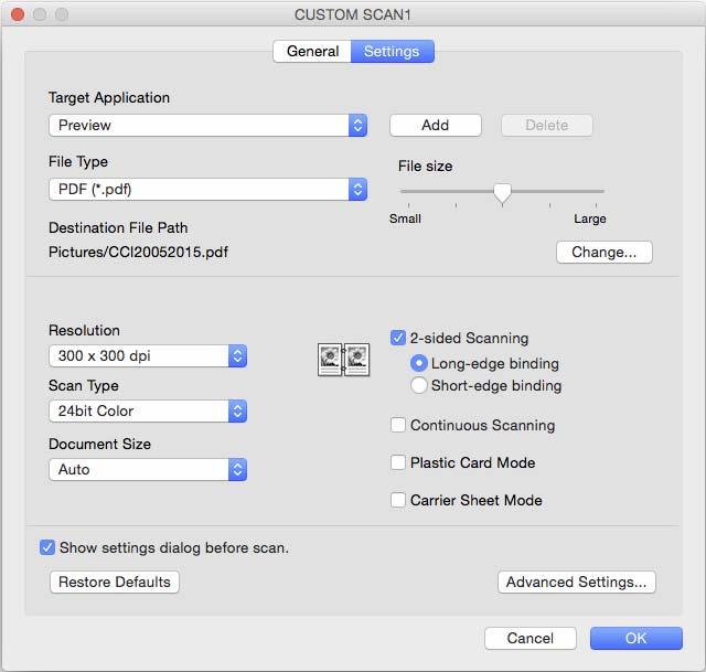 Scan Using Your Computer Settings tab (Scan to Image/OCR/E-mail) Select the Target Application, File Type, Resolution, Scan Type, Document Size and 2-sided Scanning settings.