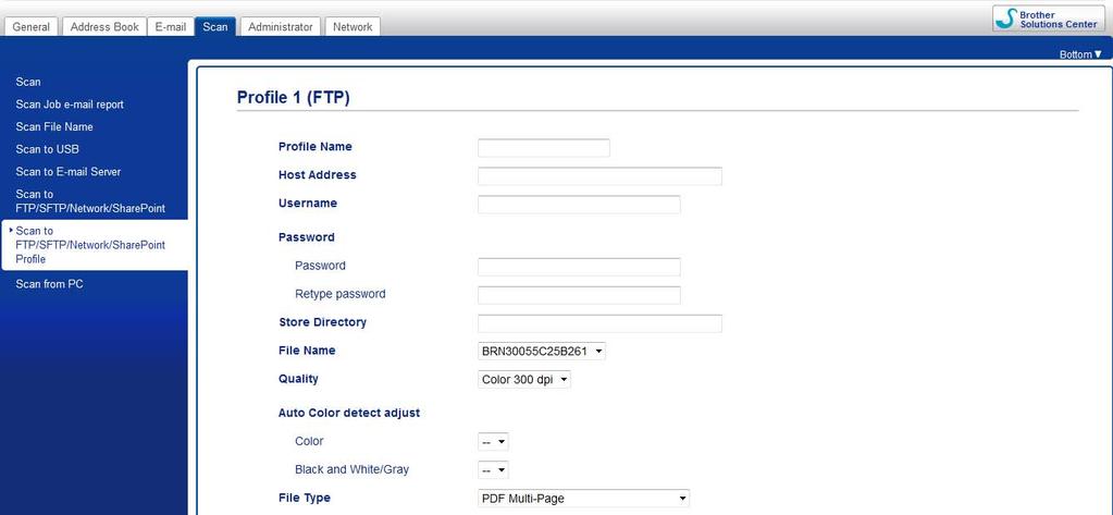Scan Using the Control Panel Configure the FTP Default Settings 7 1 Click the Scan tab. 2 Click the Scan to FTP/SFTP/Network/SharePoint menu in the left navigation bar.