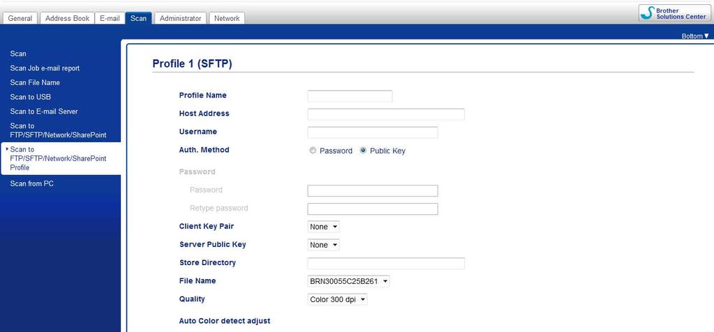 Scan Using the Control Panel Configure the SFTP Default Settings 7 1 Click the Scan tab. 2 Click the Scan to FTP/SFTP/Network/SharePoint menu in the left navigation bar.