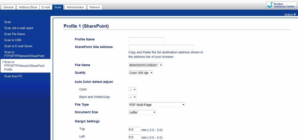 Scan Using the Control Panel Set up a Scan to SharePoint Profile 7 1 Click the Scan tab. 2 Click the Scan to FTP/SFTP/Network/SharePoint menu in the left navigation bar.