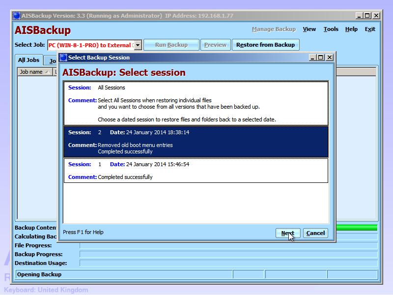 Select the back job made in phase 1, then click Restore. Select the dated backup session then click Next.