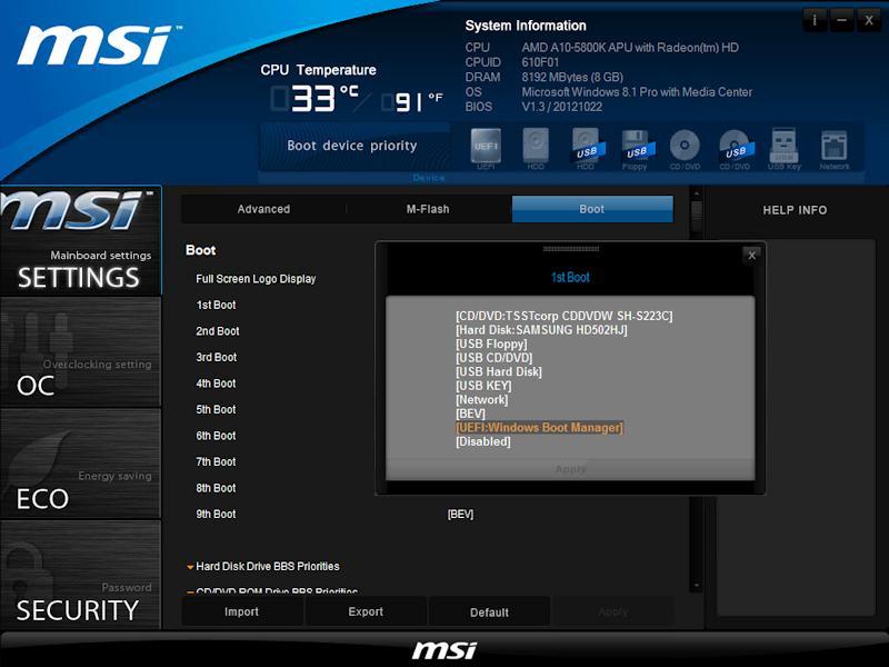 Turn off the PC and change the CMOS settings to boot using the (U)EFI boot option. Example UEFI CMOS boot setting.