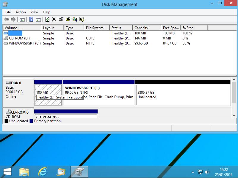 Here is a screen shot of the Windows 8 Disk Management option after re-boot.