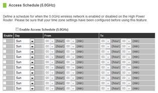 5GHz Wi-Fi Settings: Access Schedule (5.0GHz) Access Schedules will enable or disable your 5GHz wireless access at a set time based on your predefined schedule.