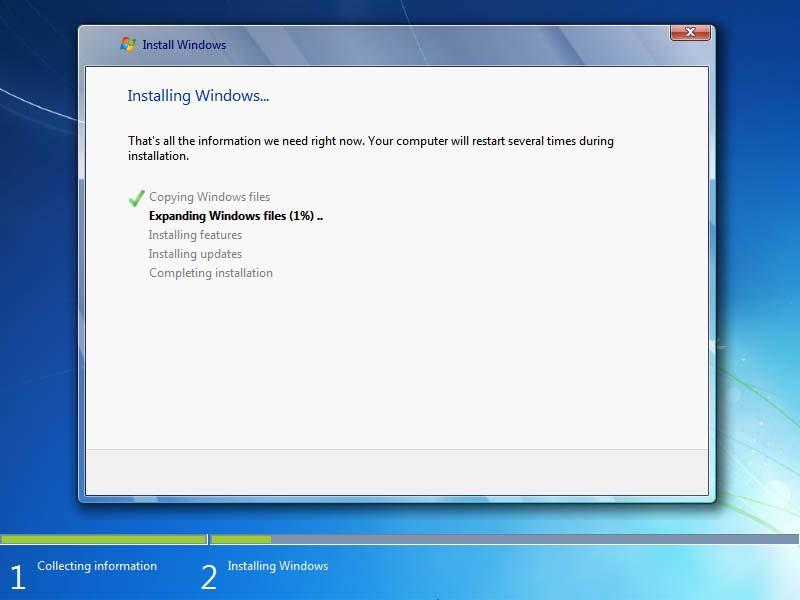The setup program will then start to install Windows 7/8 on your hard disk. During the installation, your computer will restart several times.