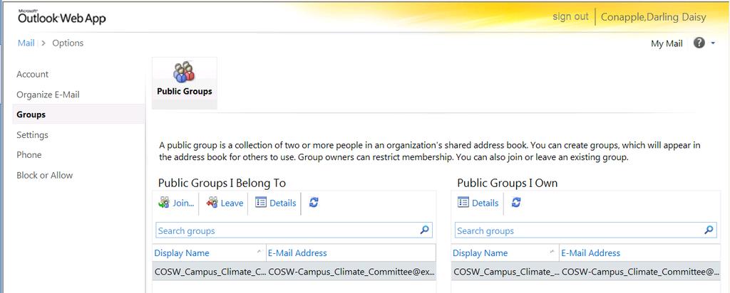 5. Under Public Groups I Own, highlight the distribution group you want to work with