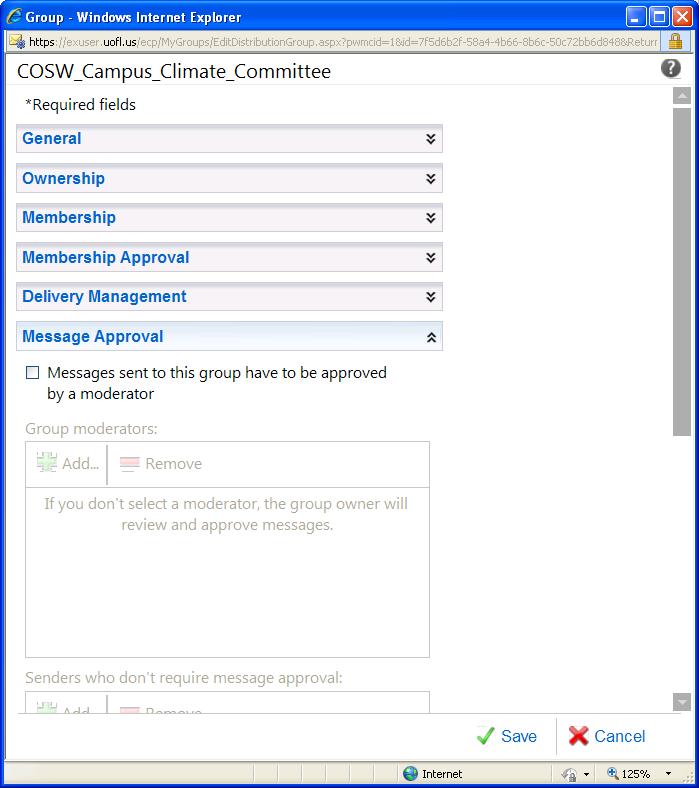 Changing Message Approval Settings 1. Click Message Approval. 2. The default setting allows members to send messages without approval of each message.