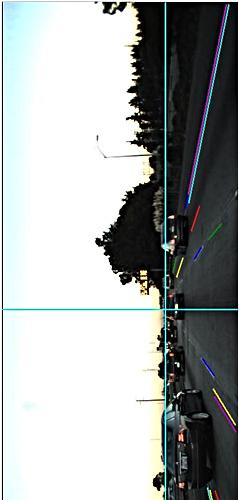 Color lines are the detected long lines and the cross is the detected vanishing point. I estimated the horizon position for all the 2112 images, and Table 1 and Figure 4 show the detection result.