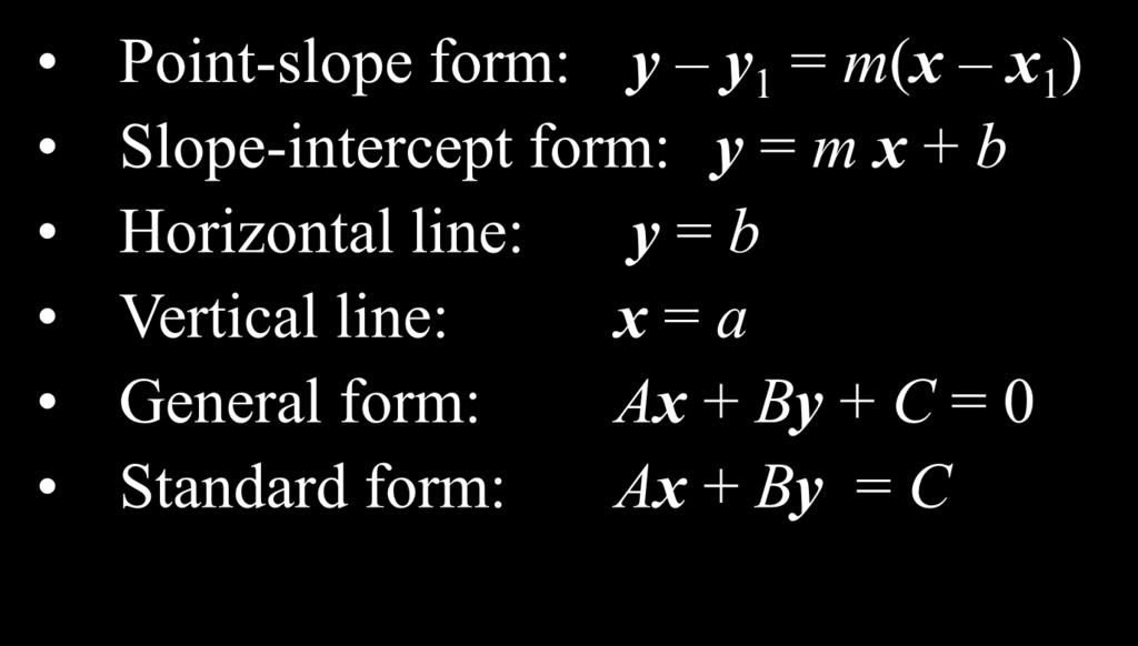 Equations of Lines Point-slope form: y y 1 = m(x x 1 ) Slope-intercept form: y = m x + b