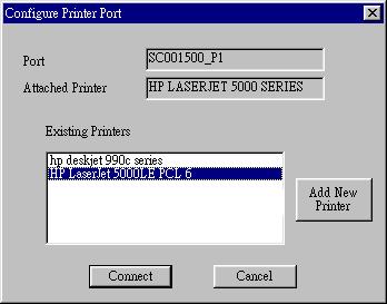 Client Setup Figure 13: Configure Printer Port 4. Select the correct Windows printer in the Existing Printers list, and click the Connect button.