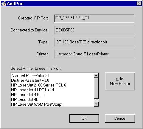 Level One Printer Servers Figure 37: Select Printer for IPP Port 6. Either select an existing printer to use the new port, and click OK.