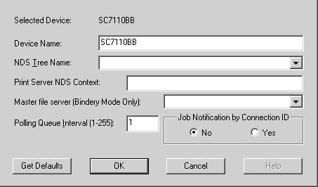 NetWare NetWare Print Server Mode Figure 49: Print Server Screen Device Name NDS Tree Name Print Server NDS Context Polling Queue Interval Job Notification by Connection ID Change the name if you