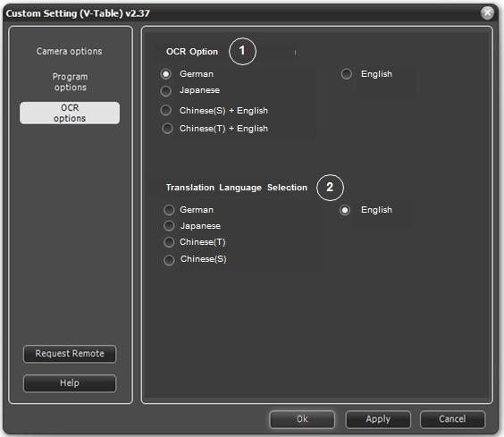 Custom Setting > OCR options 1 OCR Option: to select a targeted language for OCR converting characters on documents.