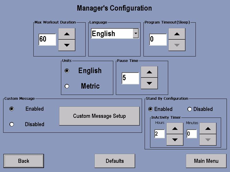 MANAGER S CONFIGURATION Maximum Workout Duration: Allows the manager to set a maximum workout limit between 1 and 99 minutes. The time can be modified using the up or down arrow keys.