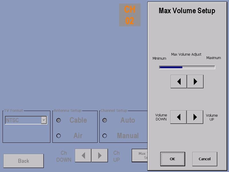 MAX VOLUME SETUP Entry to this screen allows the user to adjust Volume by using the Arrow keys. Note: Headphones must be used for this function.