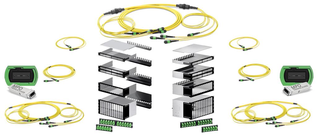 DUODECIM migration to PSM4 parallel optics on both sides: 100G PSM4 MPO-MPO 4x10 GBASE-LR MPO-MPO 400GBASE-DR4 MPO-MPO OCTO Patchcords and Multijumper DUODECIM Trunk OCTO Patchcords and Multijumper S