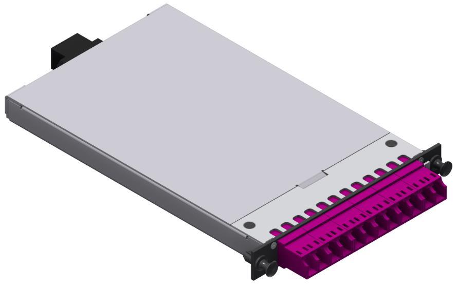 DUODECIM MTP Module-Cassettes for SMAP-G2 HIGH-DENSITY with 1/3 HU Part-Front-Plates PFP Properties: For duplex applications and Port-Breakout of DUODECIM Trunks, as described in the application