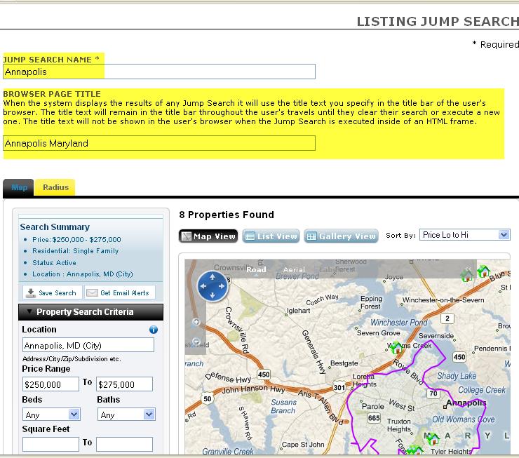 3. Enter Your Jump Search Name and Browser Page Title in the fields provided (see graphic on next page). 4. Scroll down to the map and enter the criteria you want to use for the jump search.