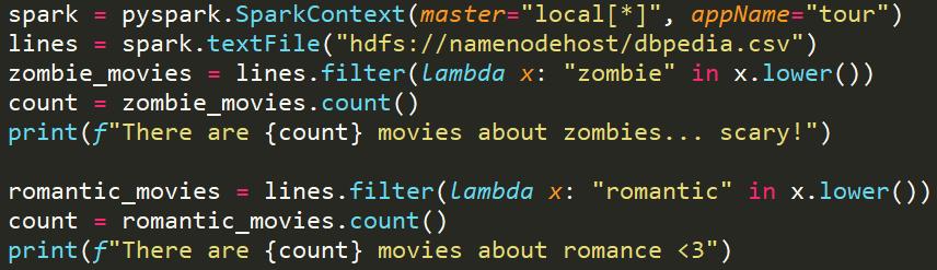 How does a Spark program looks like? (PySpark) Driver RDD Transformation Action Out[]: There are 20 movies about zombies... scary!