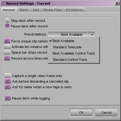 90 Preroll methods The Preroll Method pop-up menu in the Record Settings dialog box includes the following four methods that help you record more efficiently when a source tape contains timecode