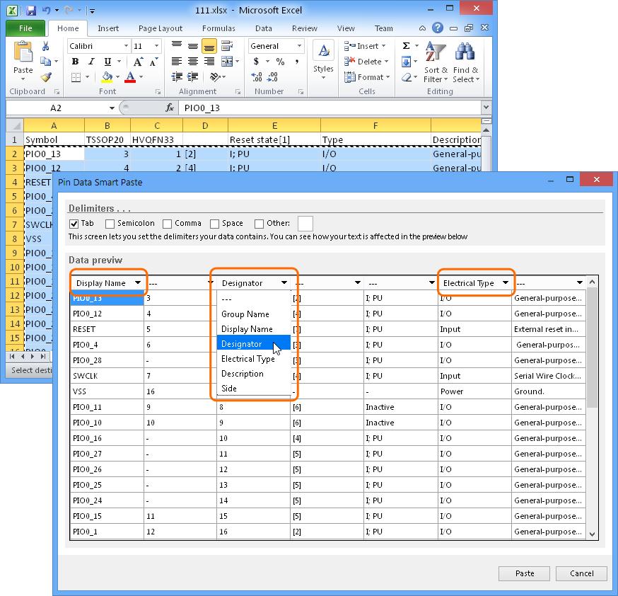 Each column of data in the dialog offers a drop down heading menu, which provides a choice of column names that are available in the pin data table.