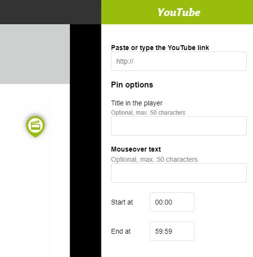 Right-click the location where you want to add your pin, click Add new pin and then click YouTube to add a pin with an embedded YouTube video to the page.
