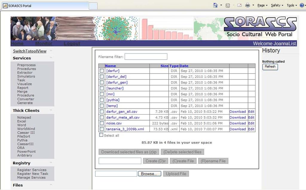 Header History Palette Main 3.1 The Main Region On the home page of SORASCS, the Main region shows the files owned by the user that have been uploaded to SORASCS.