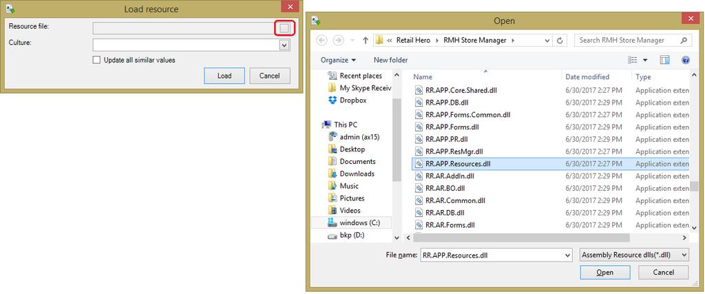 4. On the Load resource pop-up window, click the Resource file field to select the resource assembly to translate.