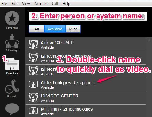 Call Someone Using the Directory (Note: Both people and video conference systems will be listed in your directory.) Click the icon. Use the search box at the top.