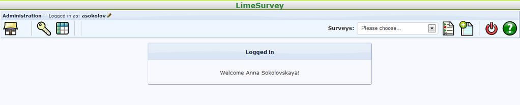 Getting Started with LimeSurvey How to create a New Survey Use the Administration toolbar to create a new survey, access previously created surveys, get help, or log out.