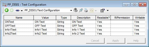 Text Configuration Text Configuration aspect is used to define the text properties of the object, such as on/off status and info texts.