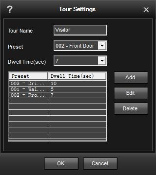 19 Client Workstation Software 8) Tour Tour allows you to set a sequence of presets for your camera to move to in the order and timing you specify.