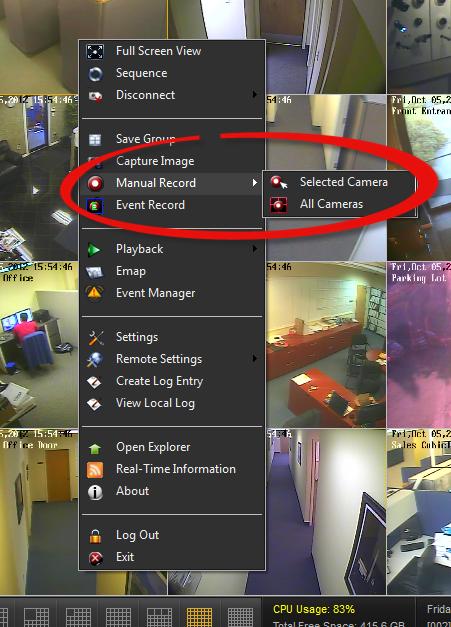 Live View Local Recording Using the CWS you may record cameras to a local hard drive. Manual Recording Manual recording allows you to set some or all cameras to record immediately at your command.