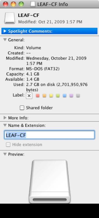 10. On the desktop, select the LEAF-CF volume. 11. Select File Get Info. 12.