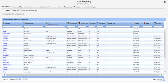 Click on the User Registry button at the top of any of the User Profiles pages or select Administration -> User Permissions -> User Registry from the menu User List The following is a list of options
