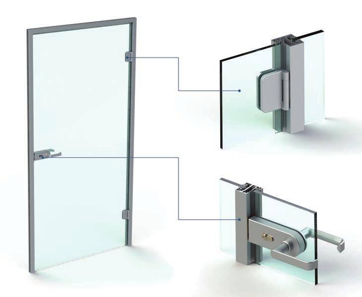 characteristics. The door leaf, made of tempered glass, is fixed to an aluminium frame set in the wall.