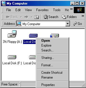 Procedure Desktop (1) Double-click the My Computer icon. (1) Double-click the My Computer icon to display the My Computer window. My Computer window (2) Right-click on the Drive icon.